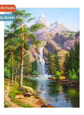 New  simple hmade full embroidery mountain lake lscape cross