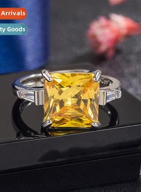 Square four claws crine ring female      light luxury topaz