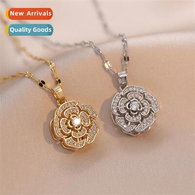 Necklace female camellia rotating zircia flowers niche light
