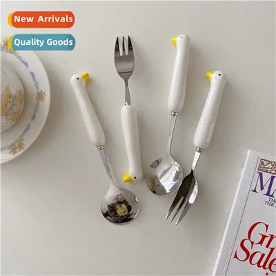 Cute carto duckling spo fork cutlery set portable creative c