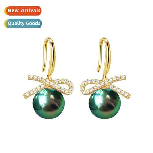 Colorful black champagne gray peacock green beads bow earrin