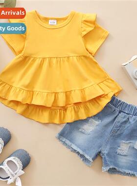 Girls spring  autumn  2021 new n solid color short-sleeved t