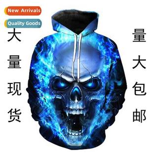 printing digal womens pullover sweatshirt Blue hooded skull
