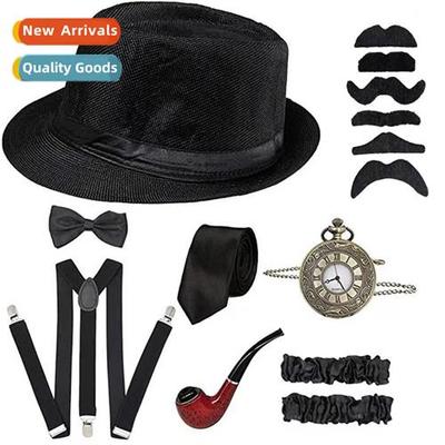 1920s Mens Prom Party Bowler Hat, Pipe, Pocket Watch, Tiebac