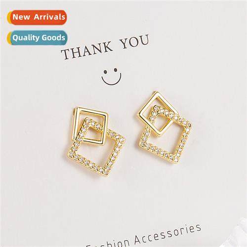 n new diamd-set zircia square earrings female 18K gold squar
