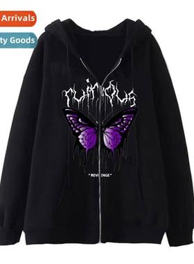 Dark Hip Hop Gothic Harajuku Y2k Butterfly Zipper Hoodie Men