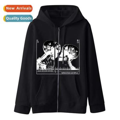 Skelet print zipper sweater men believe love can kill us set