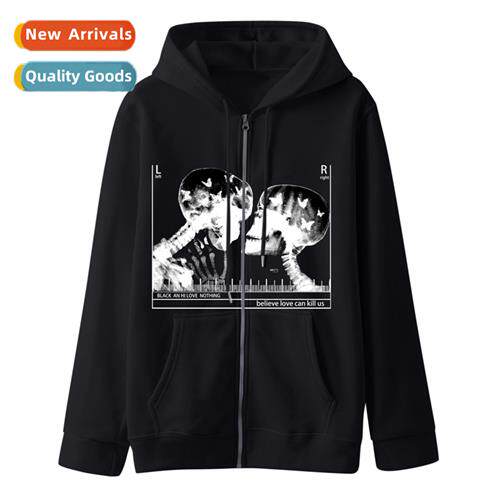 Skelet print zipper sweater men believe love can kill us set