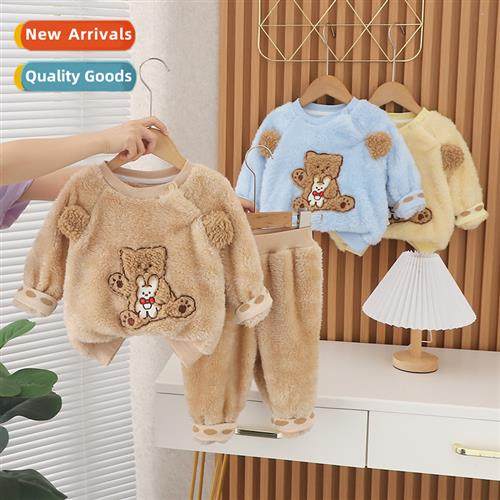 2023 winter childrens pajamas boys coral velvet padded thick