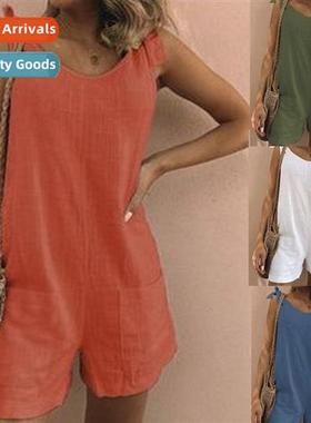 2023 Summer Womens Solid Color Cott  Linen Patch Pocket Loos