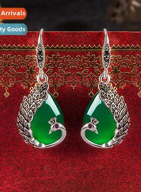 Ethnic style peacock green agate earrings female red corundu