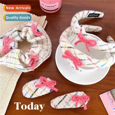 Pink bow wool  b colorful plaid large intestine ring sweet g