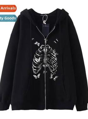 Dark Hip Hop Gothic Harajuku Y2k Sternum Print Zipper Hoodie