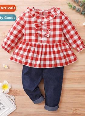 Girls spring  fall 2021 new n red plaid lg-sleeved top lg pa