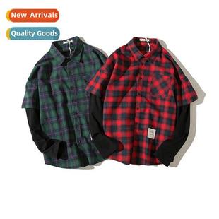style loose shirt fall 2023 plaid mens retro Fake two
