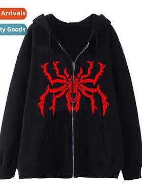Dark Hip Hop Gothic Harajuku Y2Y Spider Print Zipper Hoodie