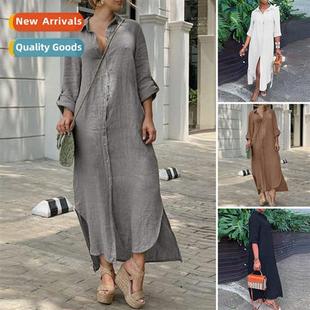 Shirt Summer Dress Butt Collar Linen Cott Womens 2023 New