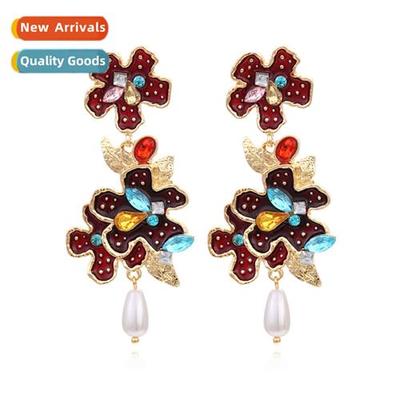 Temperament sweet flowers combinati diamd earrings alloy ear