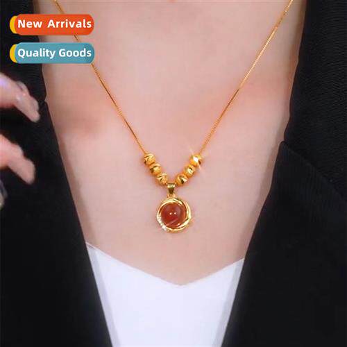 Tanium steel an round red agate trans beads necklace female