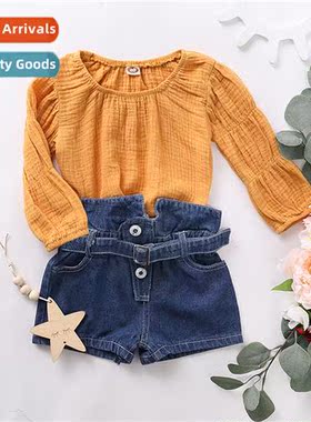 Girls spring  autumn  2020 new n solid color cott top + pers