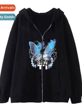 2023Y2K Dark Gothic Butterfly Zipper Sweatshirt Fall  Winter