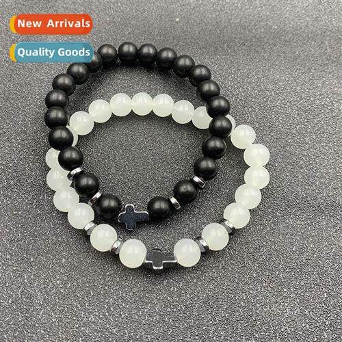Black Beaded Bracelet Frosted Whe Pine Volcanic Cross Hand C