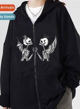 2023Y2K Dark Gothic Skull Zipper Sweatshirt Fall  Winter Fle