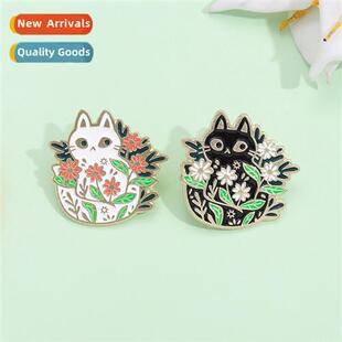 New black and whe flower bush cat shape alloy brooch student
