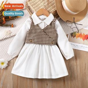 Autumn splicing plaid sleeved new 2023 Spring Girls