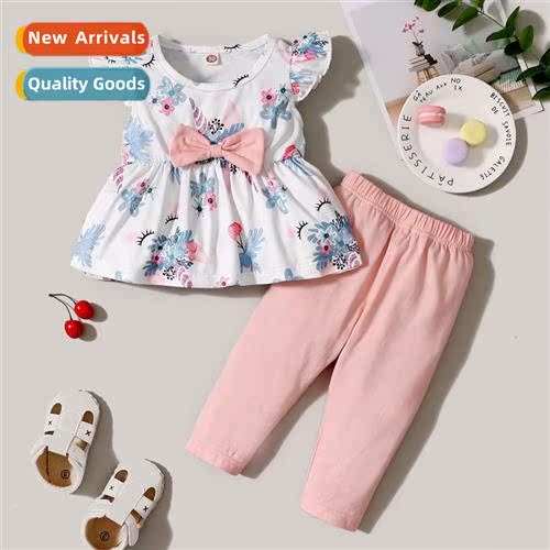 Girls Spring  Autumn 2021 New n Flower Sleeveless Bow Printe
