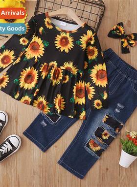 Girls spring  fall  2022 new n sunflower print lg-sleeved to