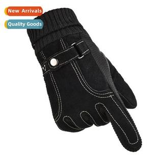 and winter fleece gloves mens fall thickened Pigskin warm