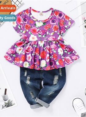 Girls spring  fall  2021 new n short-sleeved flower print to