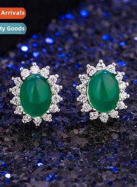 Retro ethnic style green chalcedy earrings female diamd zirc