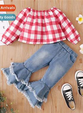 Girls spring  fall 2022 new n plaid print lg-sleeved top + d