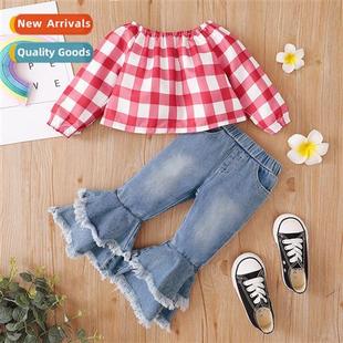 sleeved 2022 plaid print fall new top Girls spring