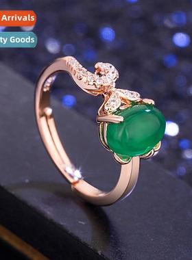 n green chalcedy ring female retro rose gold green agate rin