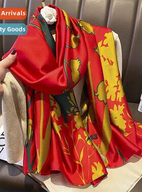 Chinese red vintage floral new silk satin lg silk scarf outw