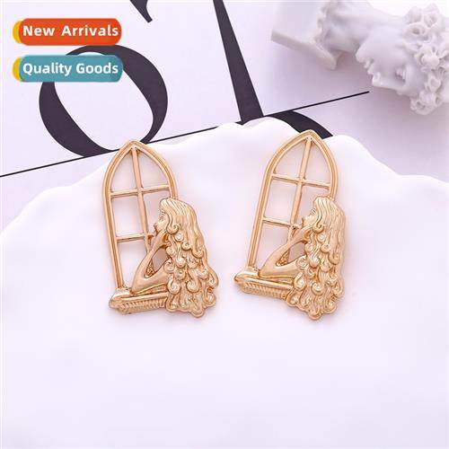 New alloy hollow window girl earrings retro art  carving mol