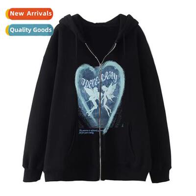 2022 Millennium Retro Style Angel Heart Print Zipper Sweatsh