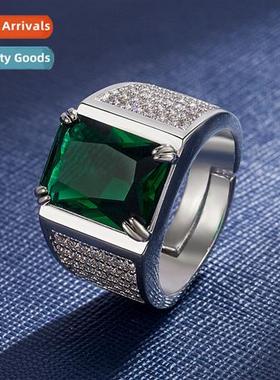 Full diamd zircia mens open ring four claws square emerald m