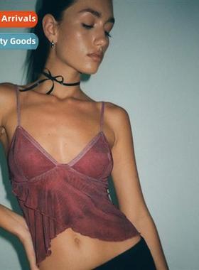 summer new womens casual printed undershirt sexy V-neck ruff