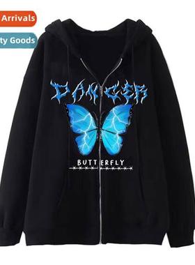 Dark Hip Hop Gothic Harajuku Y2k Butterfly Zipper Hoodie Men