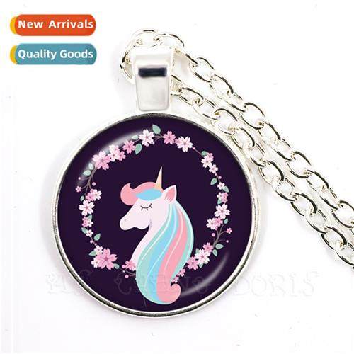 Unicorn horse glass dome caboch pendant necklace girls jewel