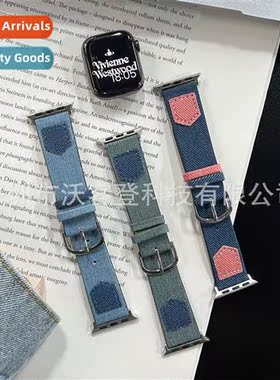 适用apple pocket denim leather color blocking leather strap