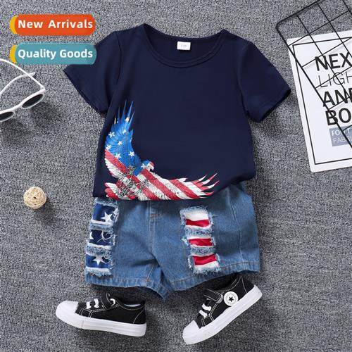Boys spring  autumn  2023 new n Independence Day print solid