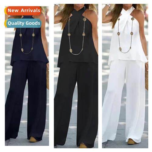 Womens 2023 new fashi casual hanging neck solid color sleeve