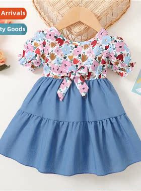 Girls Spring  Autumn 2023 new n small floral denim splicing
