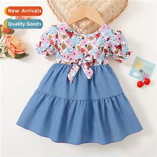 2023 new denim Spring splicing floral Autumn small Girls