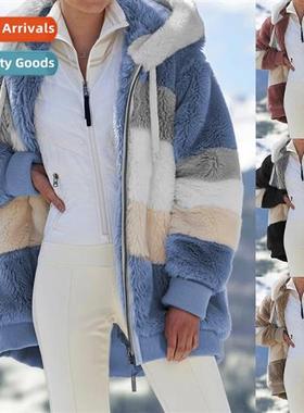 2022 Autumn  Winter Warm Plush Patchwork Zipper Pocket Hoode